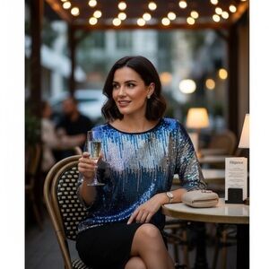 ~ Naeem Khan’s Tiny Sequins Blouse in Shades of Blue & Silver~Exquisite~size XS